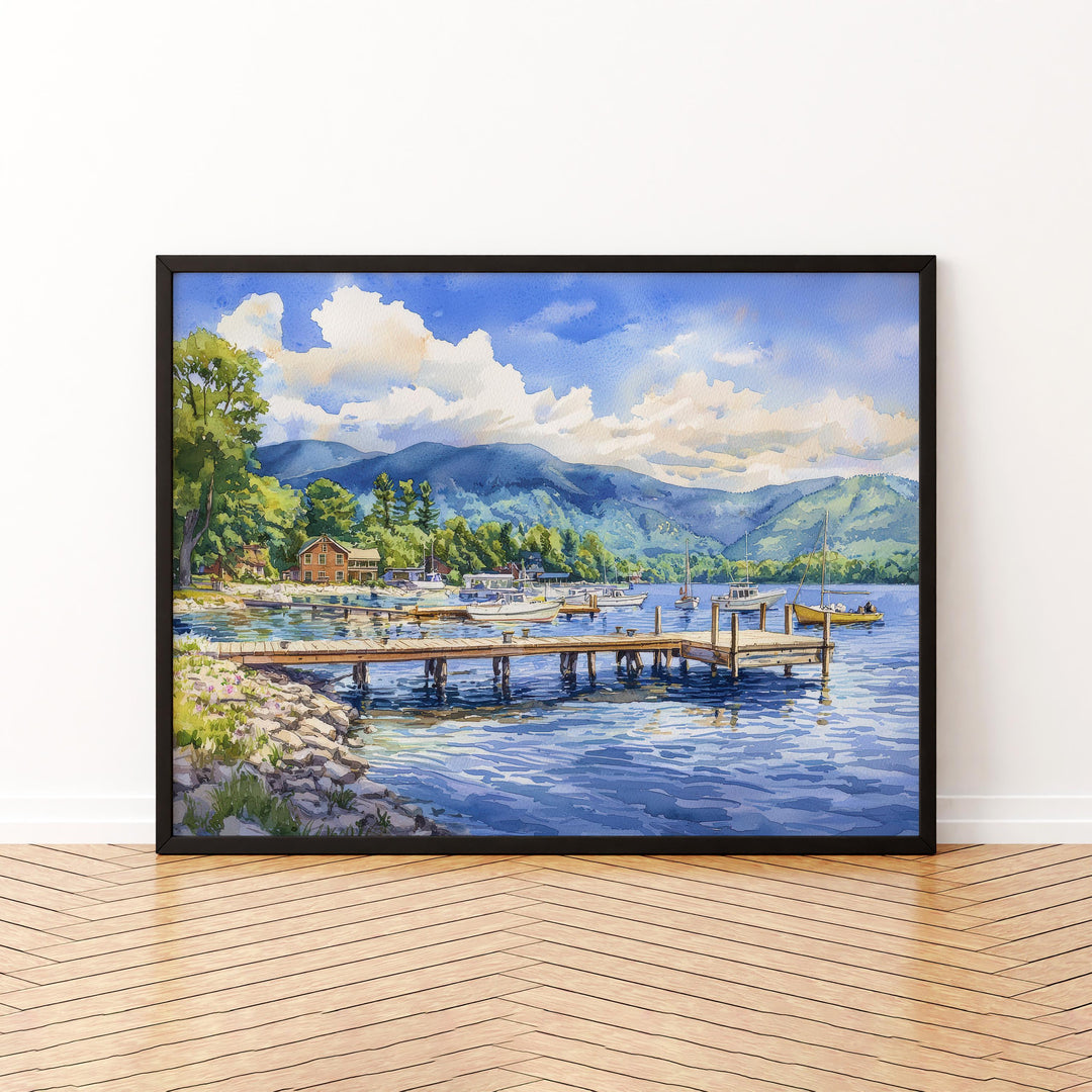 Lake George New York Watercolor Poster Adirondacks Travel Print Lake Landscape Painting Wall Art Upstate Souvenir