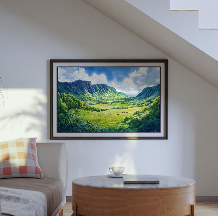 Kualoa Ranch Hawaii Watercolor Poster Oahu Travel Print Landscape Painting Tropical Wall Art Island Souvenir
