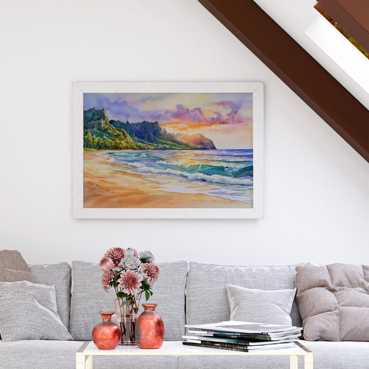 Kauai Hawaii Watercolor Poster Kauai Travel Print Island Landscape Painting Coastal Wall Art Tropical Paradise Souvenir