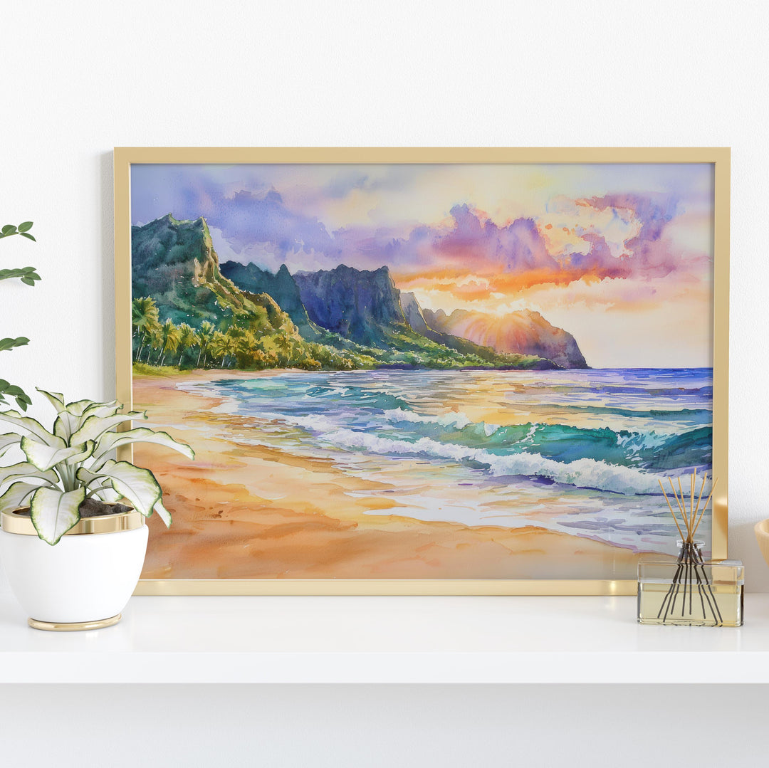 Kauai Hawaii Watercolor Poster Kauai Travel Print Island Landscape Painting Coastal Wall Art Tropical Paradise Souvenir