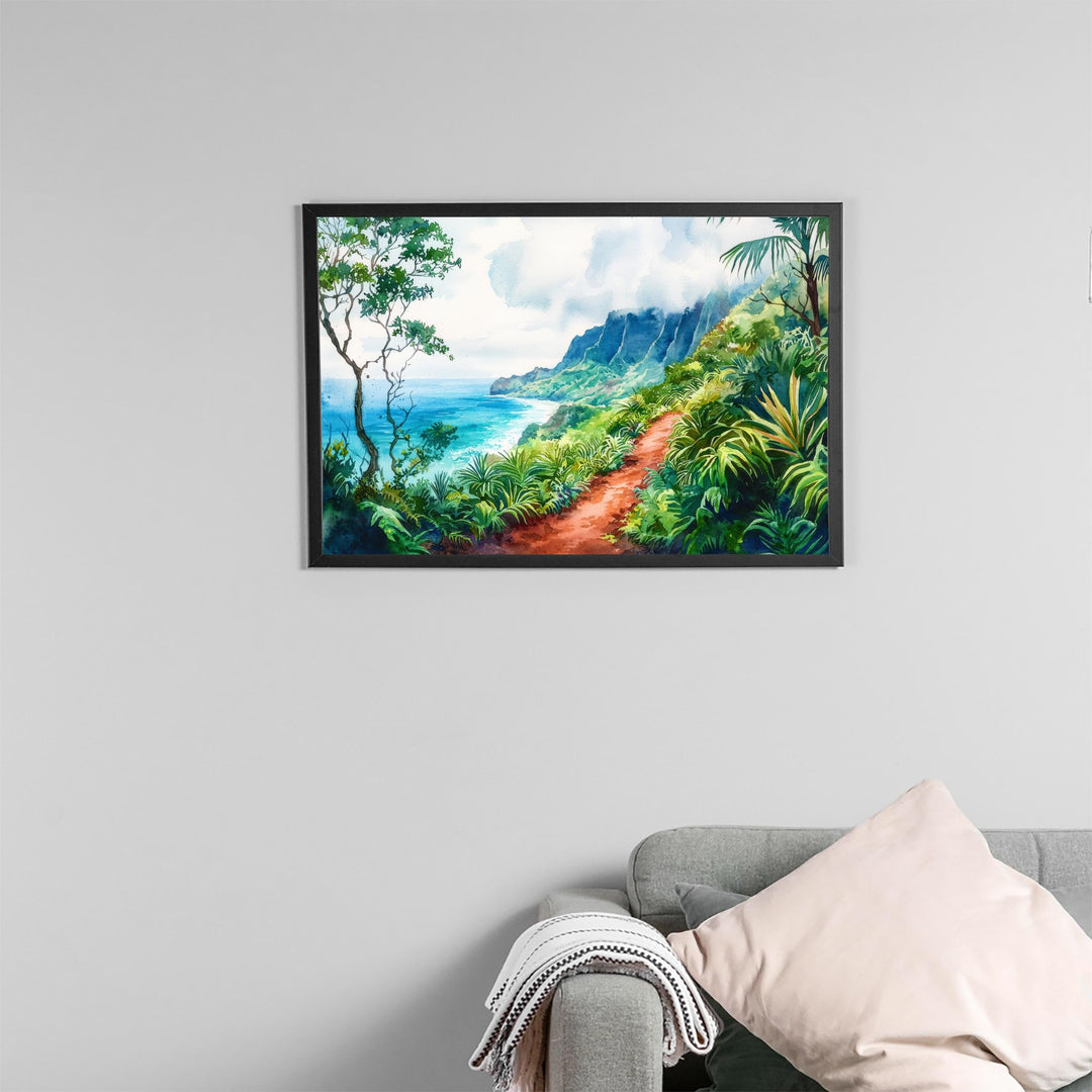 Kalalau Trail Hawaii Watercolor Poster Kauai Travel Print Coastal Landscape Painting Tropical Wall Art Island Souvenir