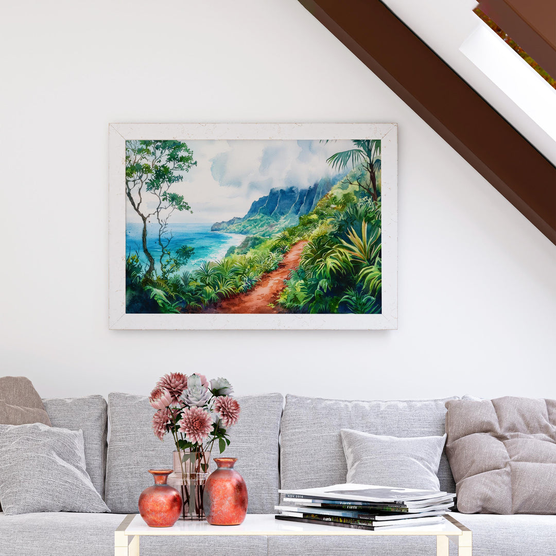 Kalalau Trail Hawaii Watercolor Poster Kauai Travel Print Coastal Landscape Painting Tropical Wall Art Island Souvenir