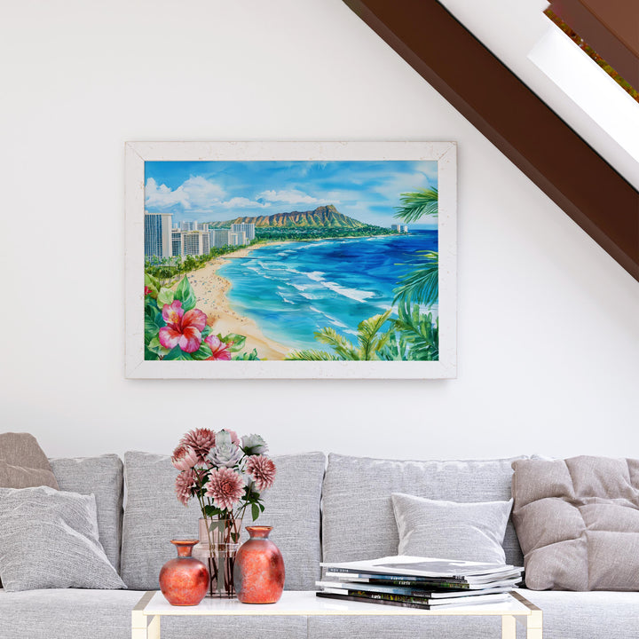 Honolulu Hawaii Watercolor Poster Oahu Travel Print Cityscape Painting Coastal Wall Art Tropical Island Souvenir