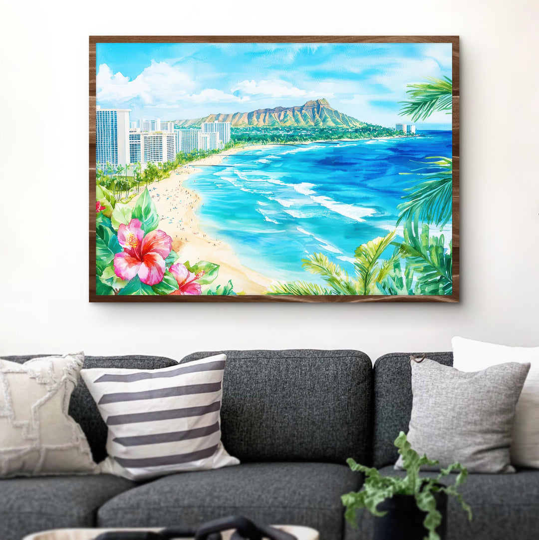 Honolulu Hawaii Watercolor Poster Oahu Travel Print Cityscape Painting Coastal Wall Art Tropical Island Souvenir