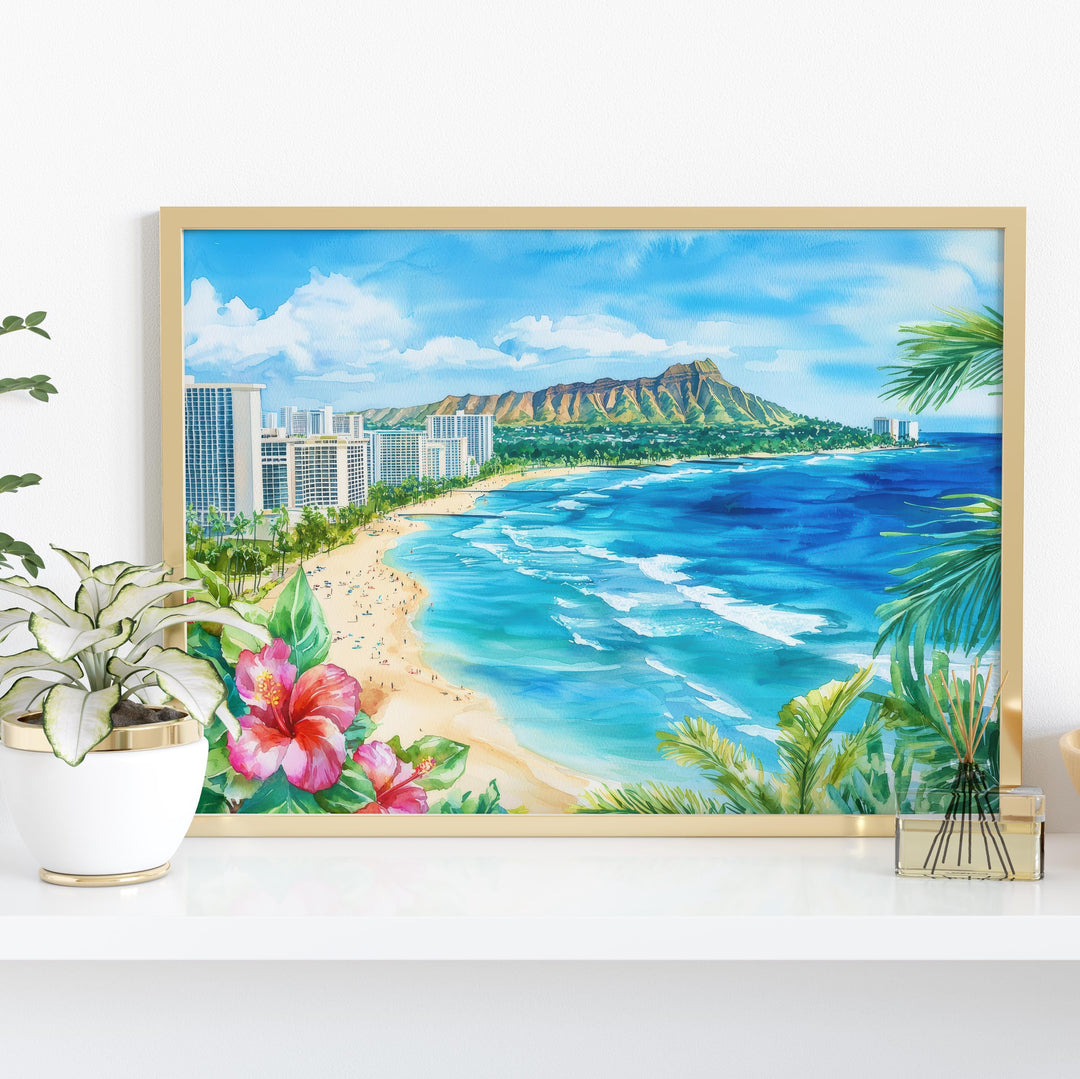 Honolulu Hawaii Watercolor Poster Oahu Travel Print Cityscape Painting Coastal Wall Art Tropical Island Souvenir