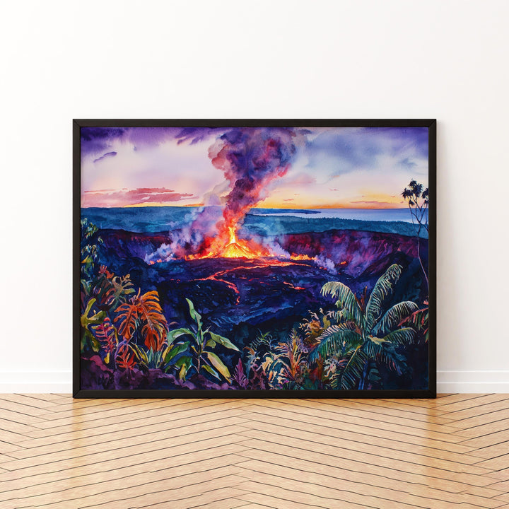 Hawaii Volcanoes National Park Watercolor Poster Big Island Travel Print Landscape Painting Wall Art Tropical Souvenir