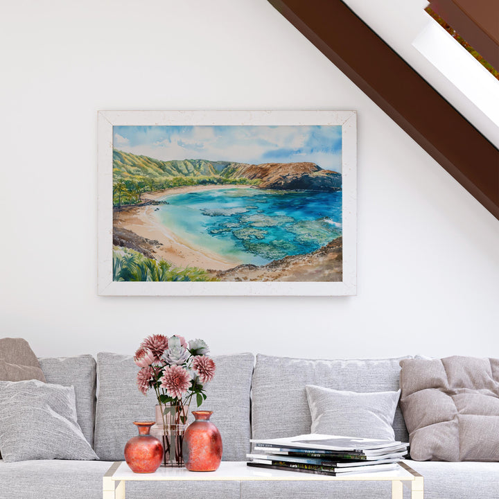 Hanauma Bay Nature Preserve Hawaii Watercolor Poster Oahu Travel Print Coastal Landscape Painting Tropical Wall Art Souvenir