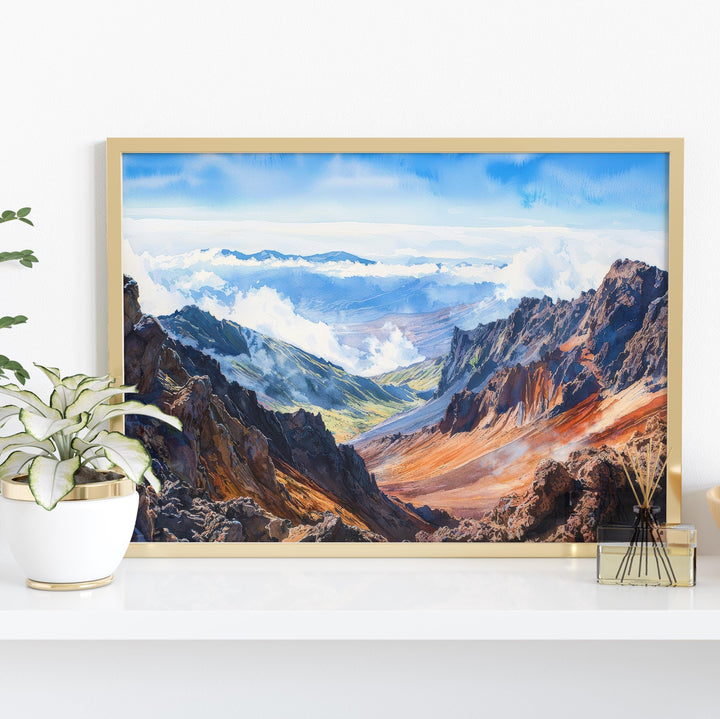 Haleakalā National Park Hawaii Watercolor Poster Maui Travel Print Mountain Landscape Painting Wall Art Island Souvenir