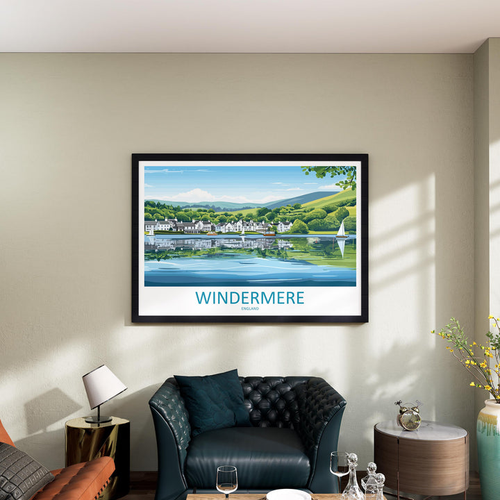 Windermere England Landscape Travel Poster Scenic Lake District Wall Art Serene Waterfront Print UK Nature Decor Windermere Artwork