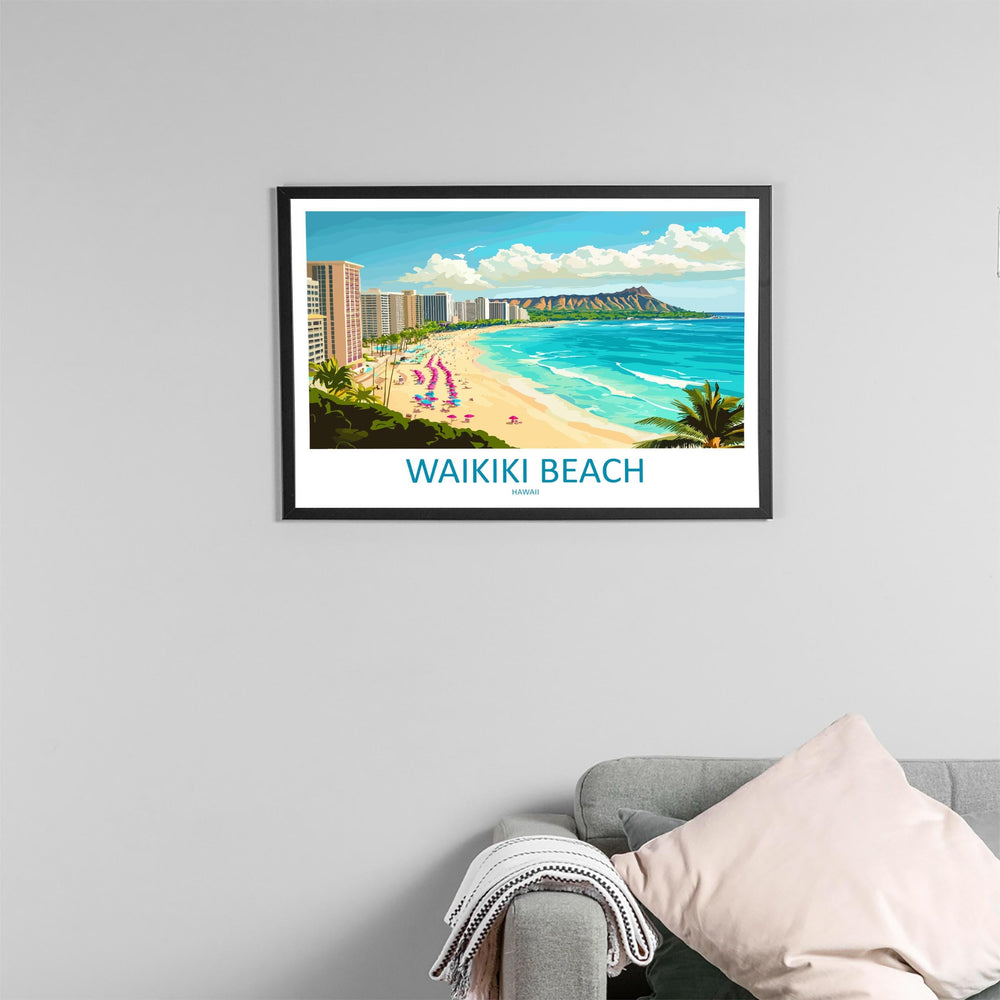 Waikiki Beach Hawaii Landscape Travel Poster Scenic Tropical Coastline Wall Art Honolulu Skyline Print USA Decor Waikiki Beach Artwork