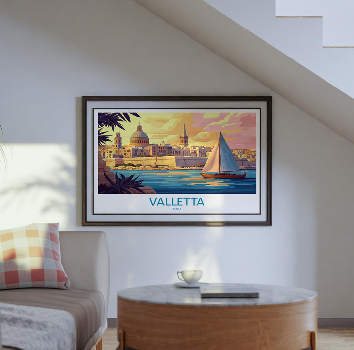 Valletta Malta Landscape Travel Poster Scenic Mediterranean City Wall Art Historic Harbor Print Europe Decor Beautiful Valletta Artwork