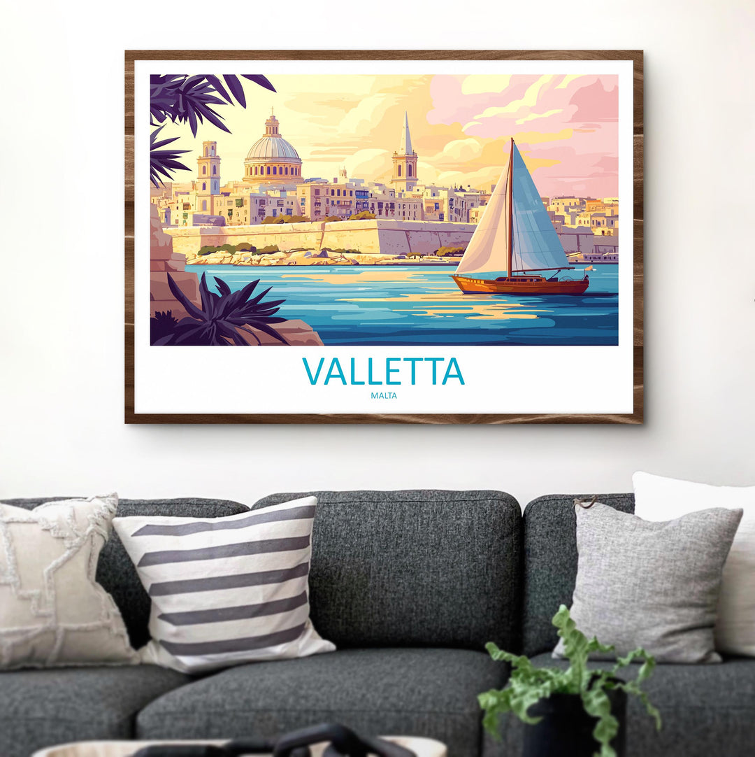 Valletta Malta Landscape Travel Poster Scenic Mediterranean City Wall Art Historic Harbor Print Europe Decor Beautiful Valletta Artwork