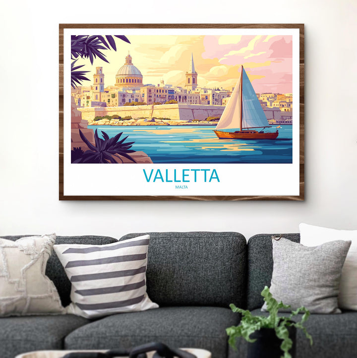 Valletta Malta Landscape Travel Poster Scenic Mediterranean City Wall Art Historic Harbor Print Europe Decor Beautiful Valletta Artwork