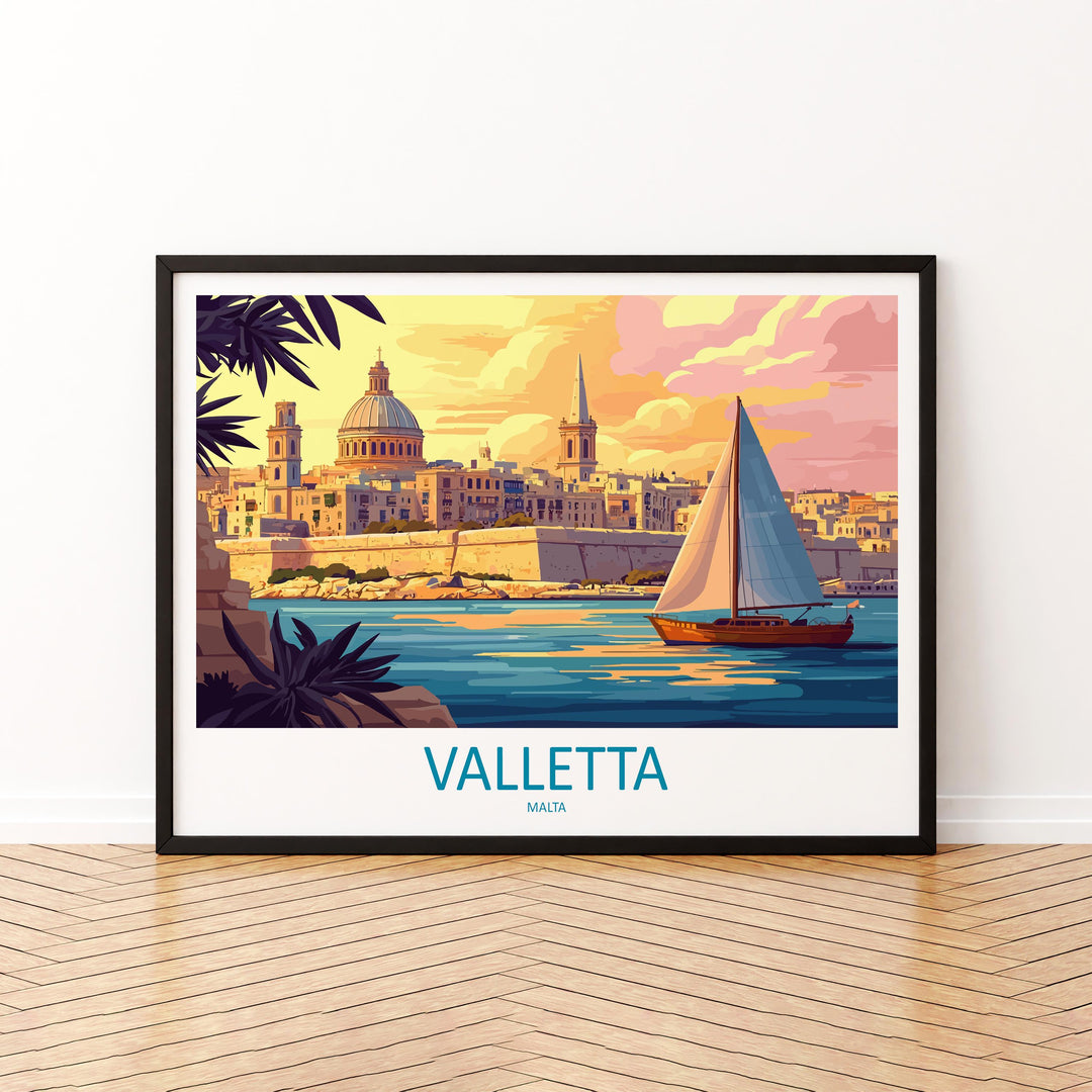 Valletta Malta Landscape Travel Poster Scenic Mediterranean City Wall Art Historic Harbor Print Europe Decor Beautiful Valletta Artwork