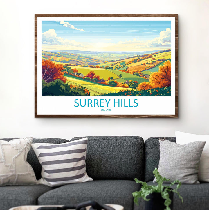 Surrey Hills England Landscape Travel Poster Scenic Countryside Wall Art Rolling Hills Print UK Nature Decor Beautiful Surrey Hills Artwork