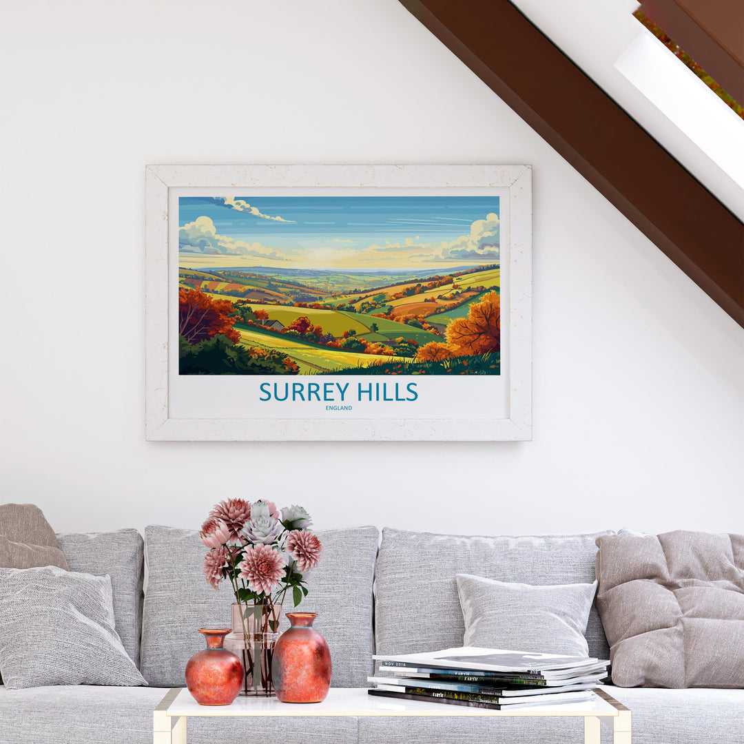 Surrey Hills England Landscape Travel Poster Scenic Countryside Wall Art Rolling Hills Print UK Nature Decor Beautiful Surrey Hills Artwork