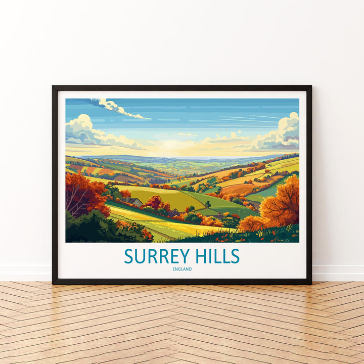 Surrey Hills England Landscape Travel Poster Scenic Countryside Wall Art Rolling Hills Print UK Nature Decor Beautiful Surrey Hills Artwork