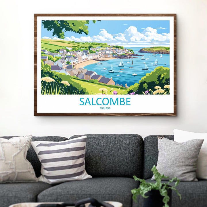 Salcombe England Landscape Travel Poster Scenic Harbour Coastline Wall Art Devon Seaside Print UK Decor Beautiful Salcombe Artwork