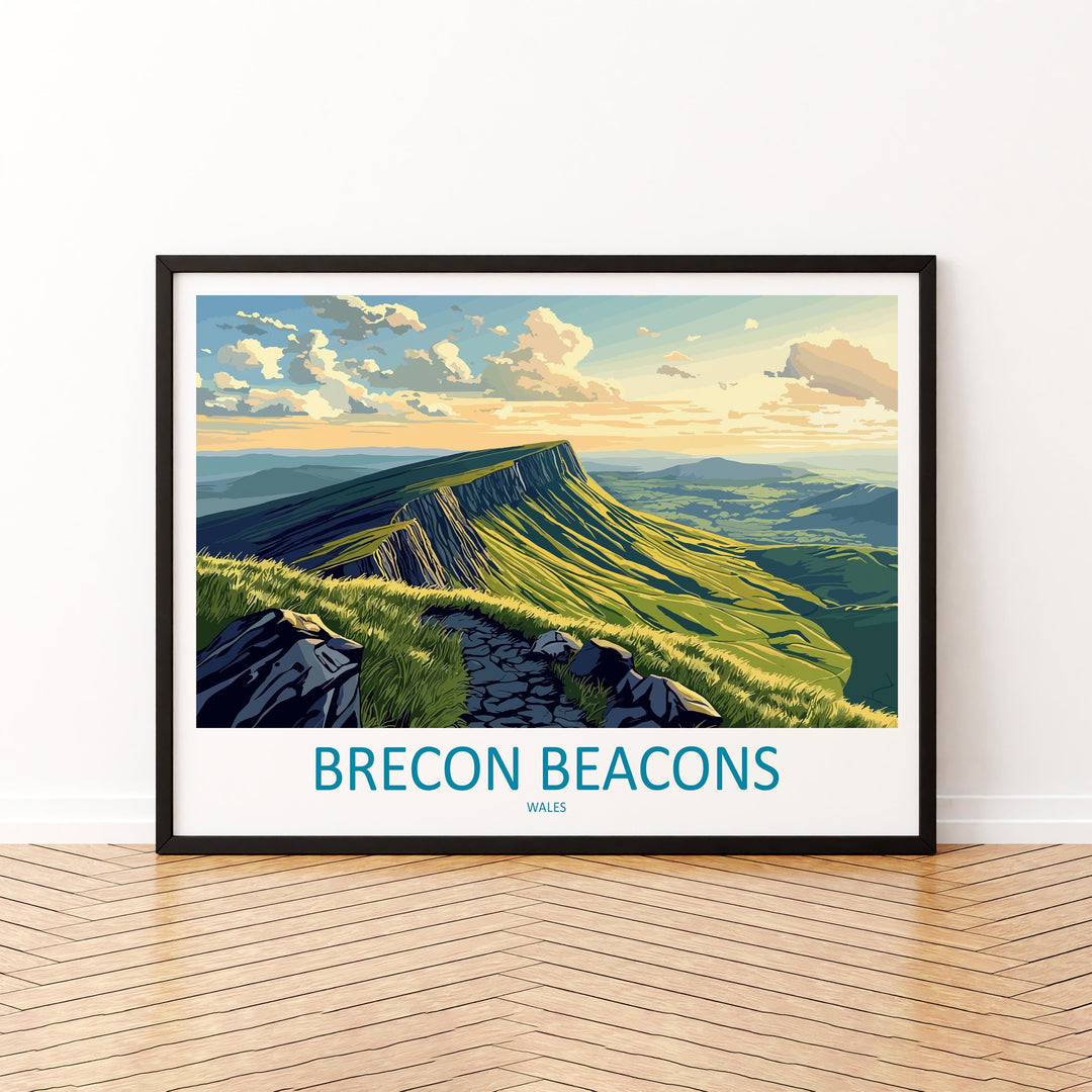 Brecon Beacons Wales Landscape Travel Poster Scenic Mountain National Park Wall Art Rolling Hills Print UK Decor Brecon Beacons Artwork