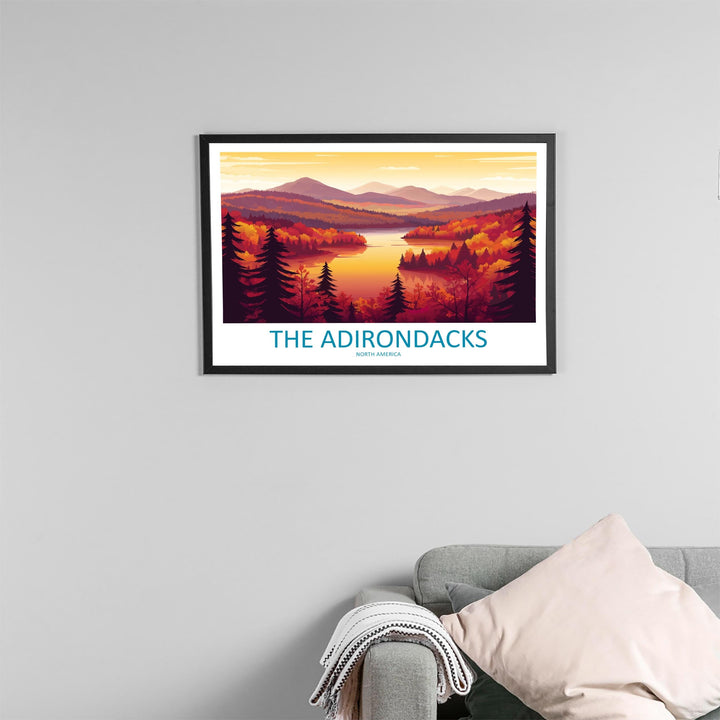 The Adirondacks USA Landscape Travel Poster Scenic Mountain Wilderness Wall Art Forest Lakes Print Nature Decor Adirondack Mountains Artwork