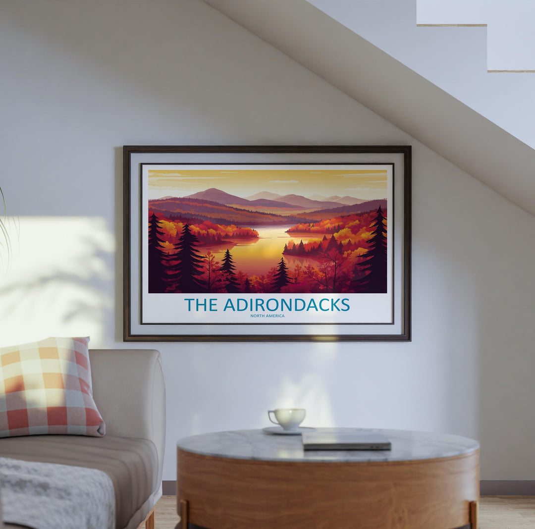 The Adirondacks USA Landscape Travel Poster Scenic Mountain Wilderness Wall Art Forest Lakes Print Nature Decor Adirondack Mountains Artwork