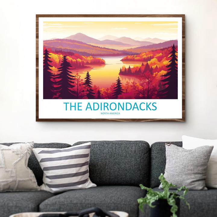 The Adirondacks USA Landscape Travel Poster Scenic Mountain Wilderness Wall Art Forest Lakes Print Nature Decor Adirondack Mountains Artwork