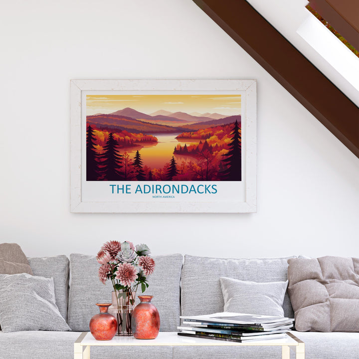 The Adirondacks USA Landscape Travel Poster Scenic Mountain Wilderness Wall Art Forest Lakes Print Nature Decor Adirondack Mountains Artwork