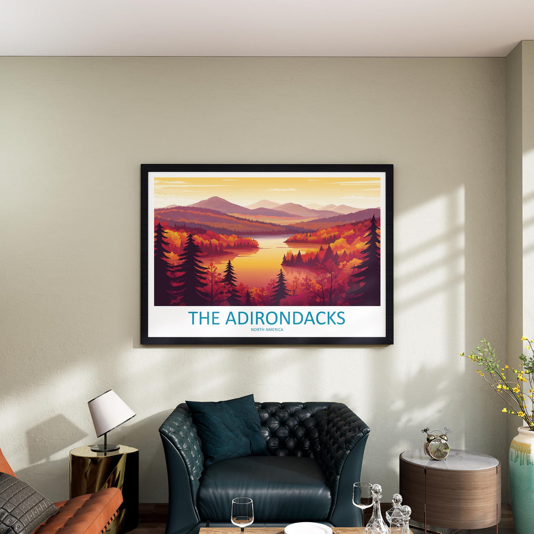 The Adirondacks USA Landscape Travel Poster Scenic Mountain Wilderness Wall Art Forest Lakes Print Nature Decor Adirondack Mountains Artwork