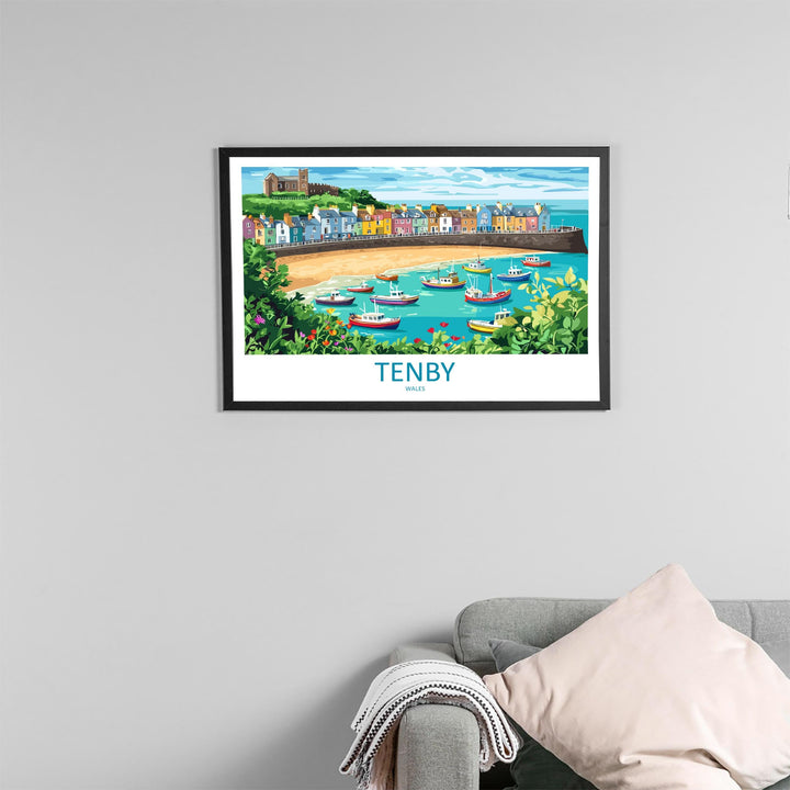 Tenby Wales Landscape Travel Poster Scenic Harbour Coastline Wall Art Colorful Seaside Print UK Decor Beautiful Tenby Artwork