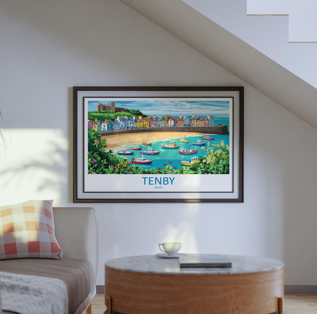 Tenby Wales Landscape Travel Poster Scenic Harbour Coastline Wall Art Colorful Seaside Print UK Decor Beautiful Tenby Artwork