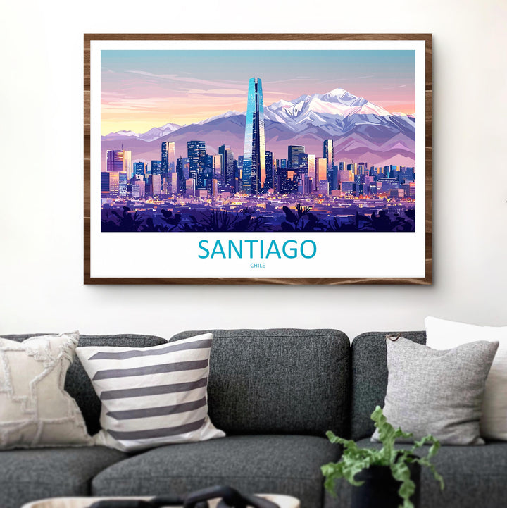 Santiago Chile Landscape Travel Poster Scenic Andes Mountain Skyline Wall Art Modern City Print South America Decor Santiago Artwork