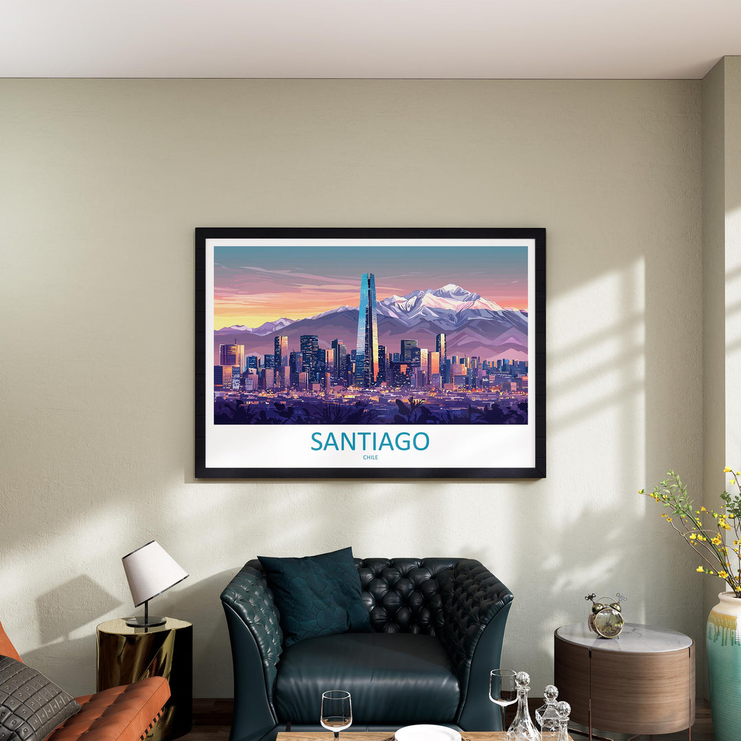 Santiago Chile Landscape Travel Poster Scenic Andes Mountain Skyline Wall Art Modern City Print South America Decor Santiago Artwork