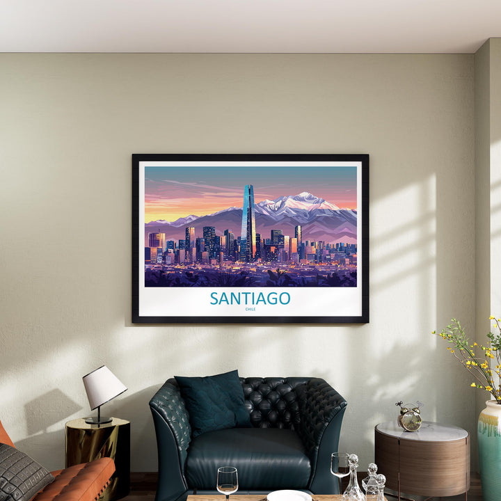 Santiago Chile Landscape Travel Poster Scenic Andes Mountain Skyline Wall Art Modern City Print South America Decor Santiago Artwork