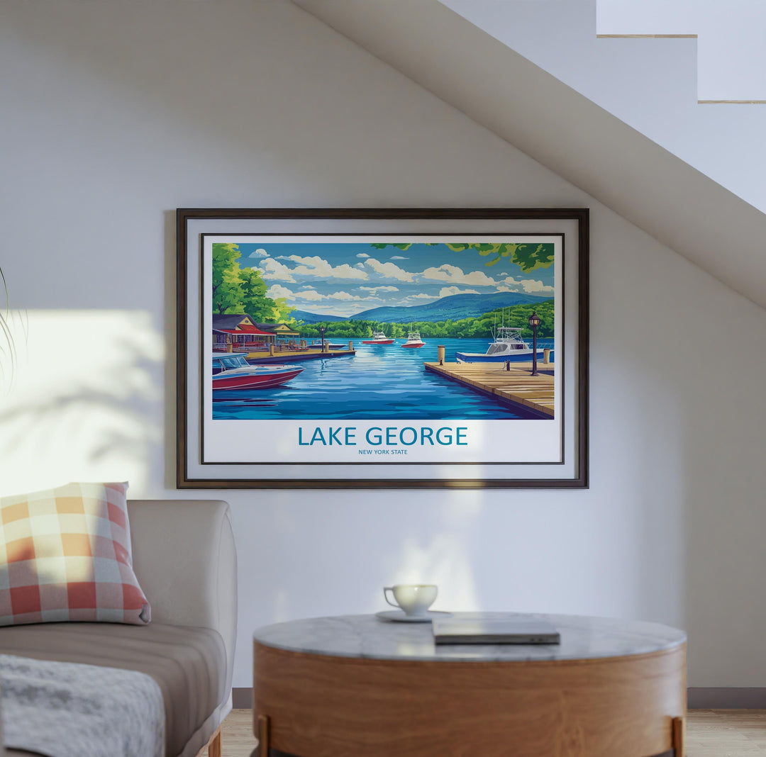 Lake George New York Landscape Travel Poster Scenic Adirondack Lake Wall Art Mountain Waterfront Print USA Decor Beautiful Lake George
