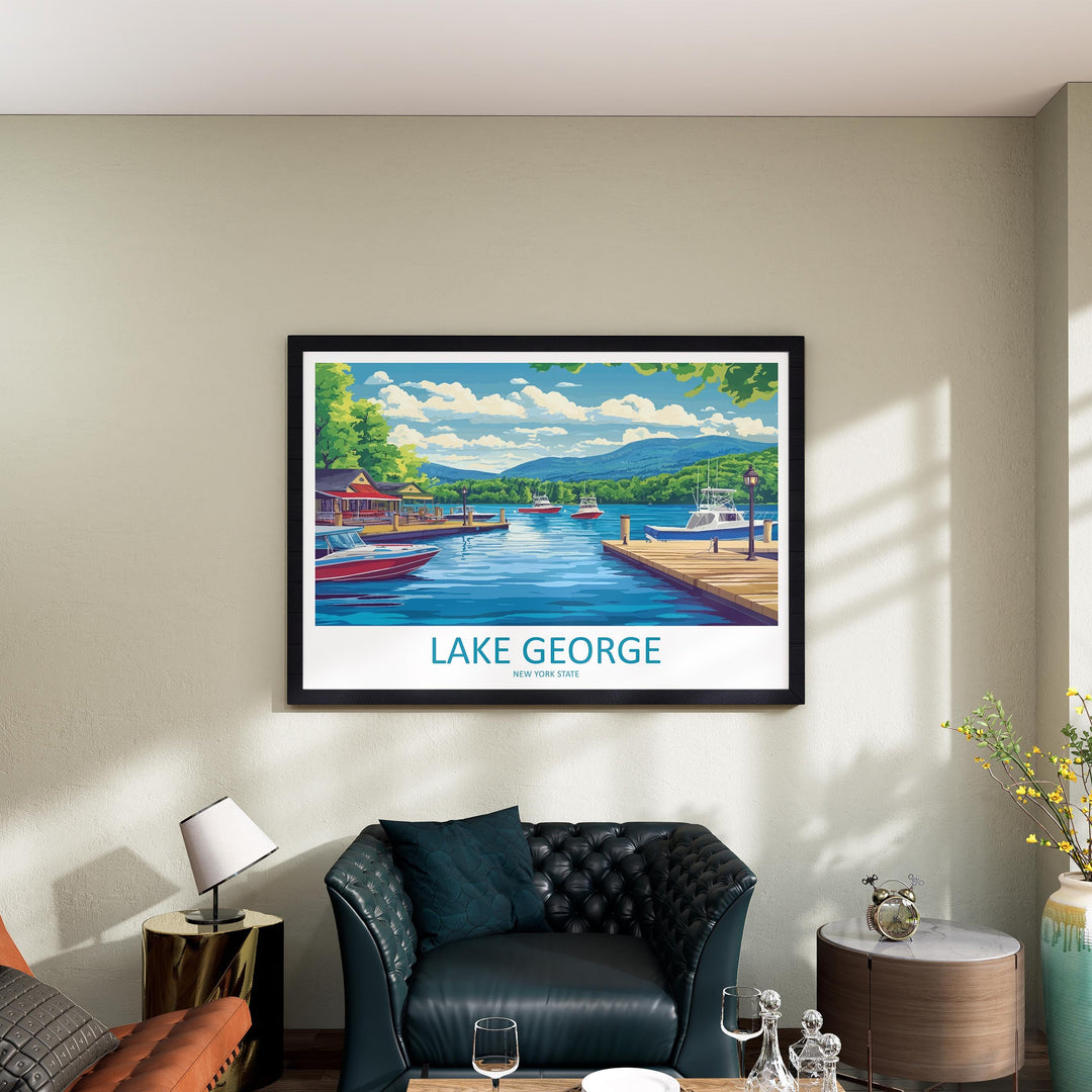 Lake George New York Landscape Travel Poster Scenic Adirondack Lake Wall Art Mountain Waterfront Print USA Decor Beautiful Lake George