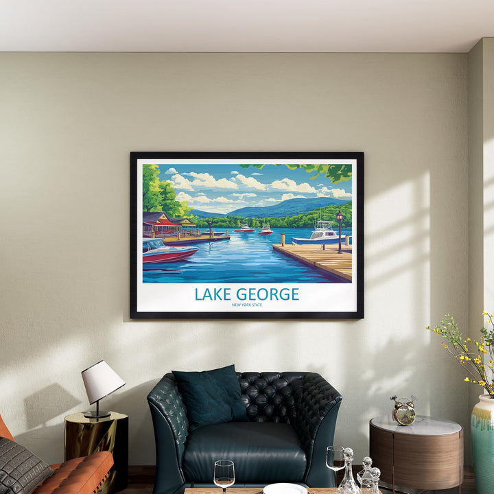 Lake George New York Landscape Travel Poster Scenic Adirondack Lake Wall Art Mountain Waterfront Print USA Decor Beautiful Lake George