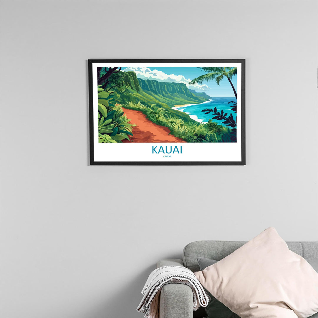Kauai Hawaii Landscape Travel Poster Scenic Tropical Island Coastline Wall Art Na Pali Cliffs Print USA Decor Beautiful Kauai Artwork