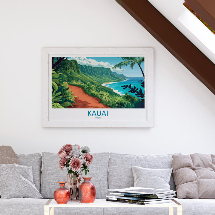 Kauai Hawaii Landscape Travel Poster Scenic Tropical Island Coastline Wall Art Na Pali Cliffs Print USA Decor Beautiful Kauai Artwork
