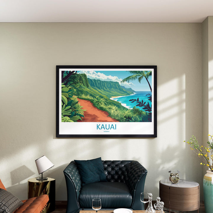 Kauai Hawaii Landscape Travel Poster Scenic Tropical Island Coastline Wall Art Na Pali Cliffs Print USA Decor Beautiful Kauai Artwork