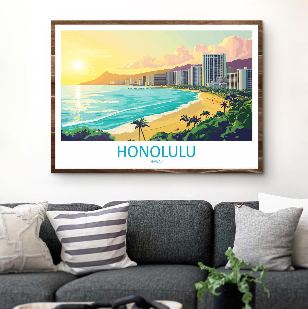Honolulu Hawaii Landscape Travel Poster Scenic Tropical City Coastline Wall Art Diamond Head Print USA Decor Beautiful Honolulu Artwork