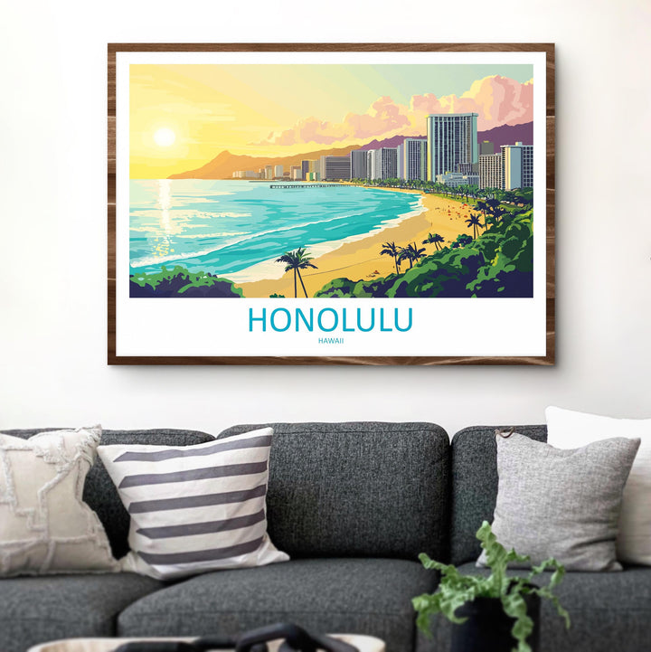 Honolulu Hawaii Landscape Travel Poster Scenic Tropical City Coastline Wall Art Diamond Head Print USA Decor Beautiful Honolulu Artwork