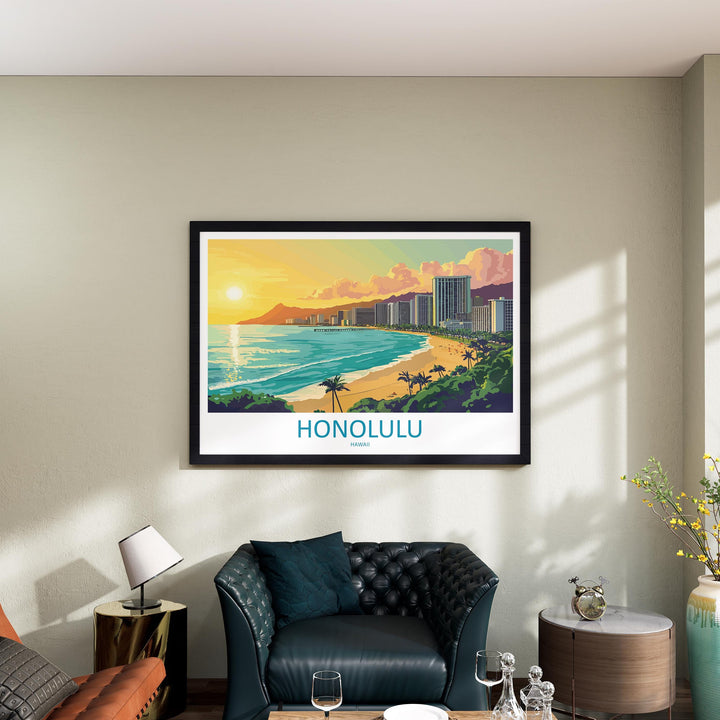 Honolulu Hawaii Landscape Travel Poster Scenic Tropical City Coastline Wall Art Diamond Head Print USA Decor Beautiful Honolulu Artwork