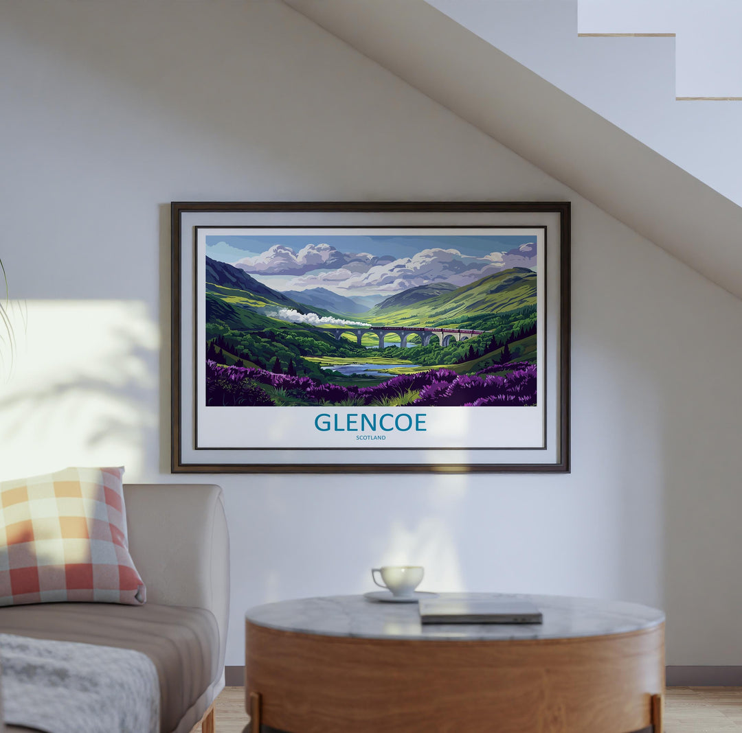 Glencoe Scotland Landscape Travel Poster Scenic Highland Mountains Wall Art Rugged Valley Print UK Decor Beautiful Glencoe Artwork