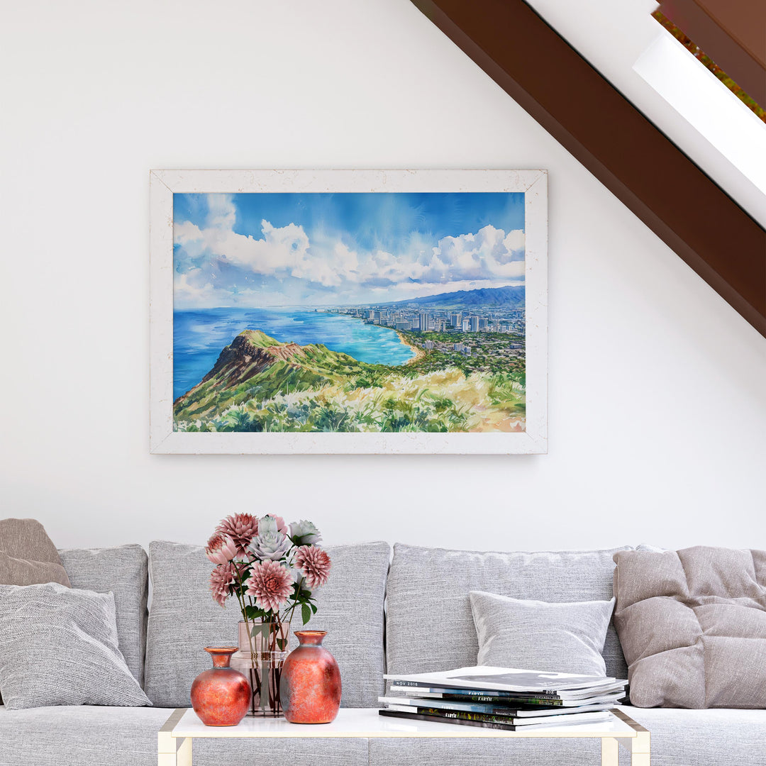 Diamond Head State Monument Hawaii Watercolor Poster Oahu Travel Print Coastal Landscape Painting Tropical Wall Art Souvenir