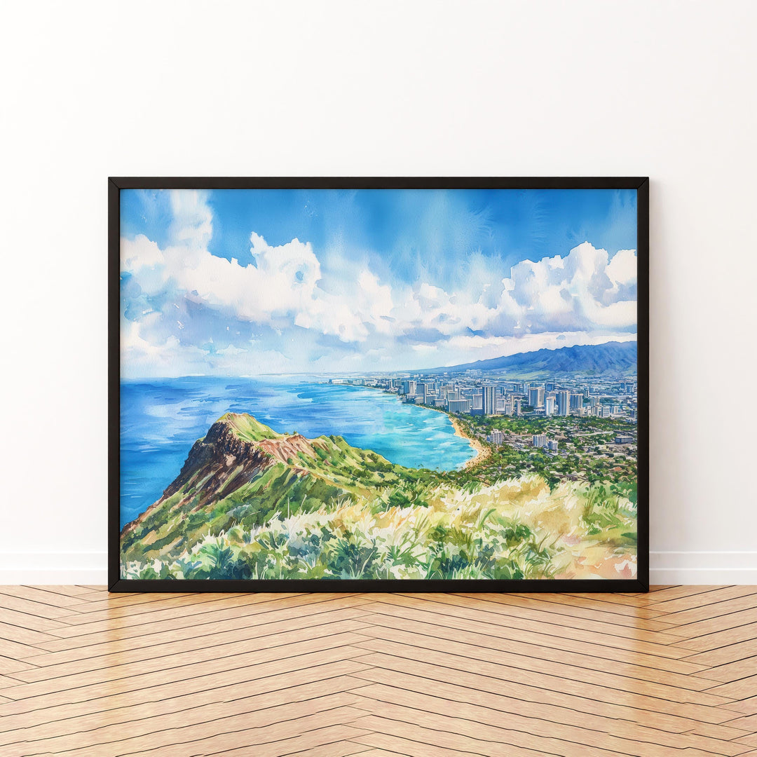 Diamond Head State Monument Hawaii Watercolor Poster Oahu Travel Print Coastal Landscape Painting Tropical Wall Art Souvenir