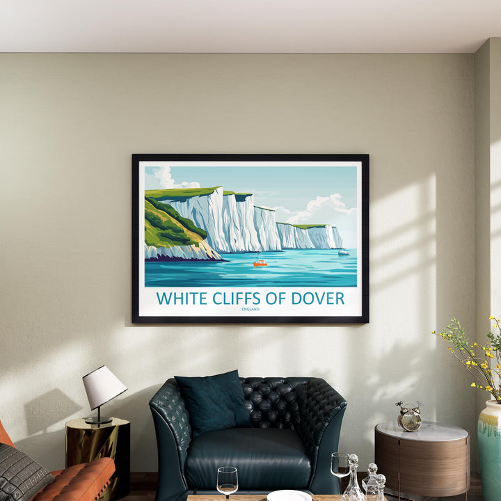 White Cliffs of Dover England Landscape Travel Poster Scenic Chalk Coastline Wall Art Iconic Sea Cliffs Print UK Decor Beautiful Dover