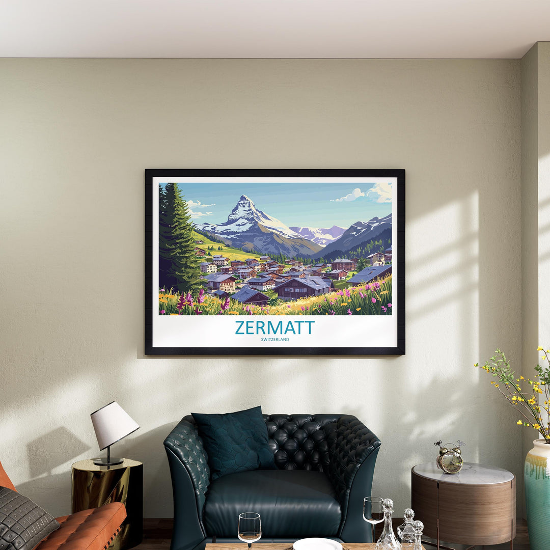 Zermatt Switzerland Landscape Travel Poster Scenic Alpine Mountain Wall Art Matterhorn Print Swiss Alps Decor European Nature Artwork