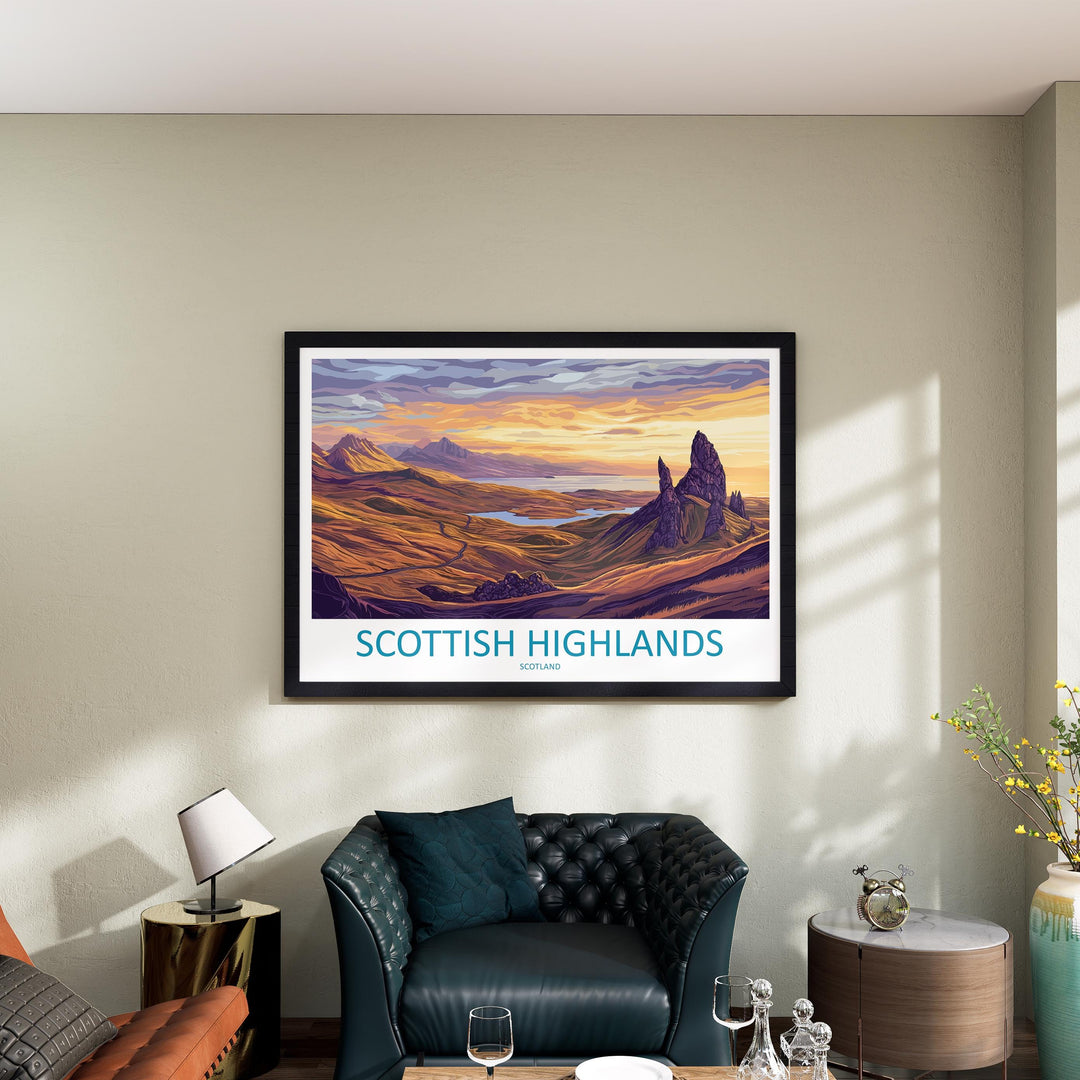 Scottish Highlands Landscape Travel Poster Scenic Mountain Scotland Wall Art European Nature Print Highlands Decor Artwork Sky Art