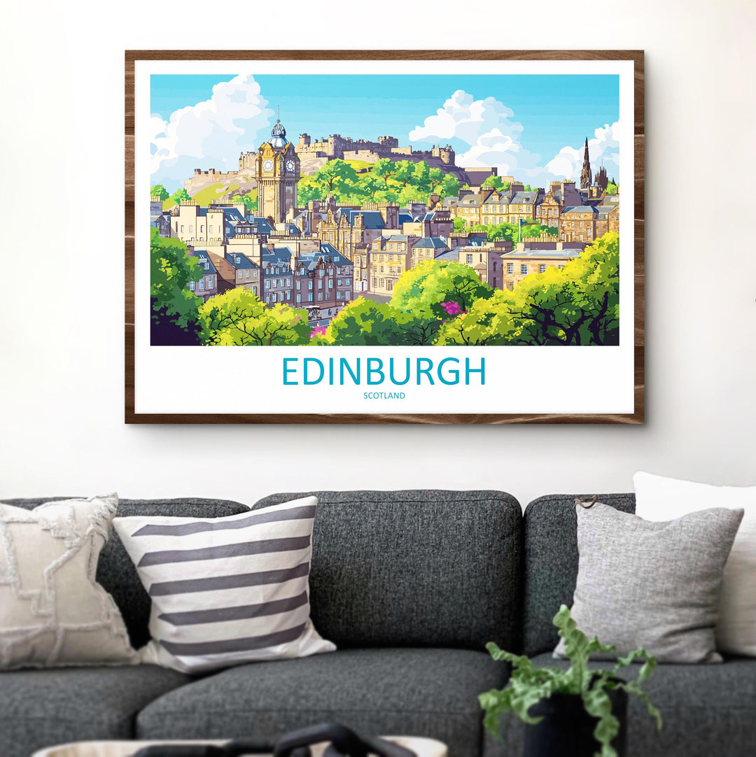 Edinburgh Scotland Landscape Travel Poster Scenic City Wall Art Historic Architecture Print UK Decor Edinburgh Castle Cityscape Artwork