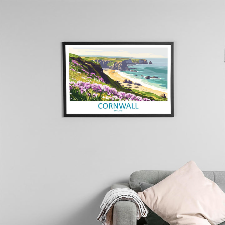 Cornwall England Landscape Travel Poster Scenic Coastline Wall Art UK Seaside Print British Beach Decor Coastal Cornwall Artwork
